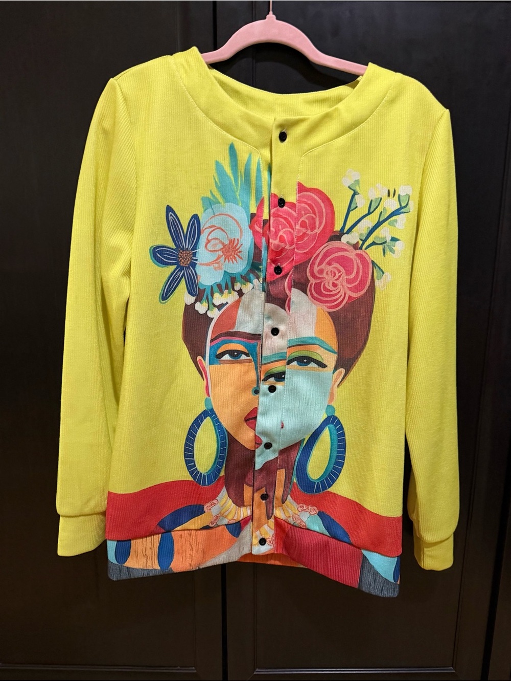 Yellow Floral Art-Print Button Cardigan Sweater